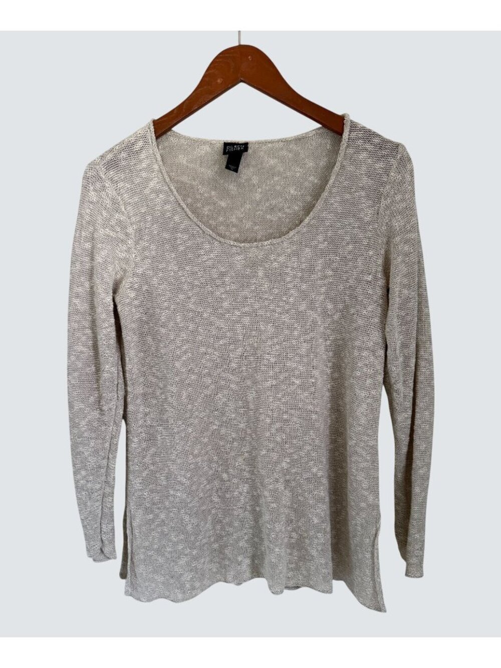 Eileen Fisher Linen Light Beige Knit Sweater Top With Long Sleeves & Scoop Neck